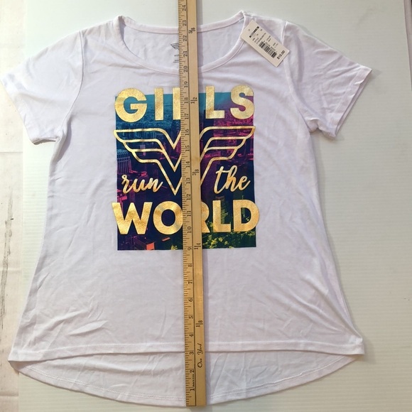 WONDER WOMAN Girls Run The World White T-Shirt Multi Color Graphic Girl’s L NWT - Picture 5 of 8